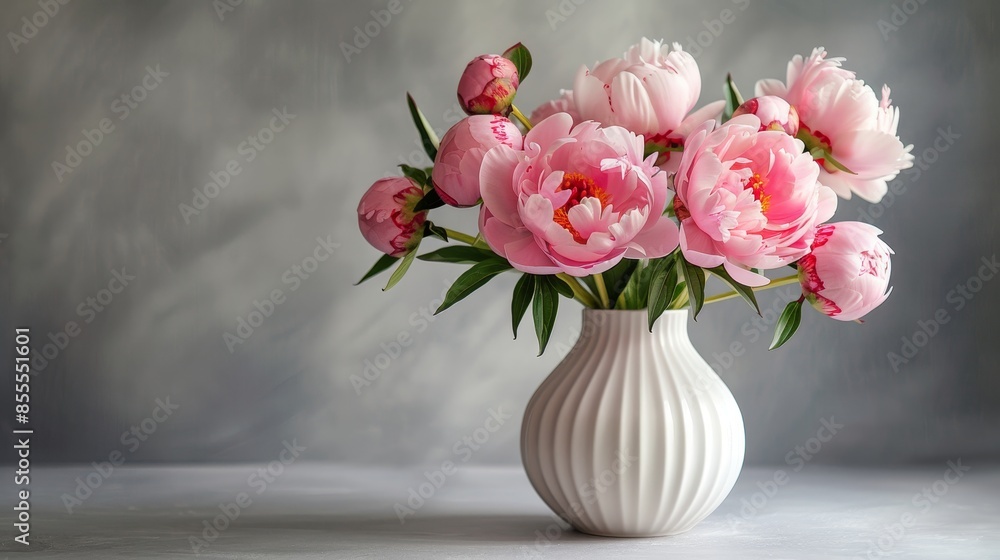 Elegant Pink Peonies in Vase on Light Grey Background with Studio Lighting Elegant Pink Peonies in Vase on Light Grey Background with Studio Lighting