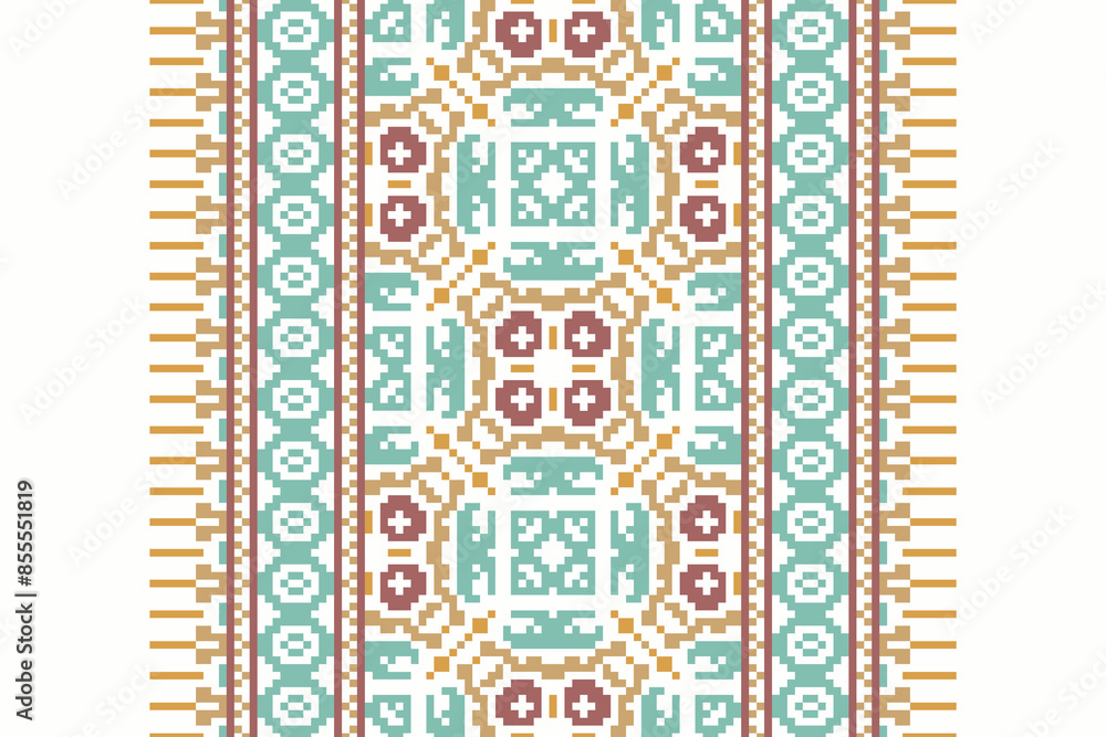 Ethnic pixel geometric seamless pattern with paisley on beige background. Native oriental cross stitch knitting design for fabric, decoration, wallpaper, border decor, element, texture, textile, print Ethnic pixel geometric seamless pattern with paisley on beige background. Native oriental cross stitch knitting design for fabric, decoration, wallpaper, border decor, element, texture, textile, print