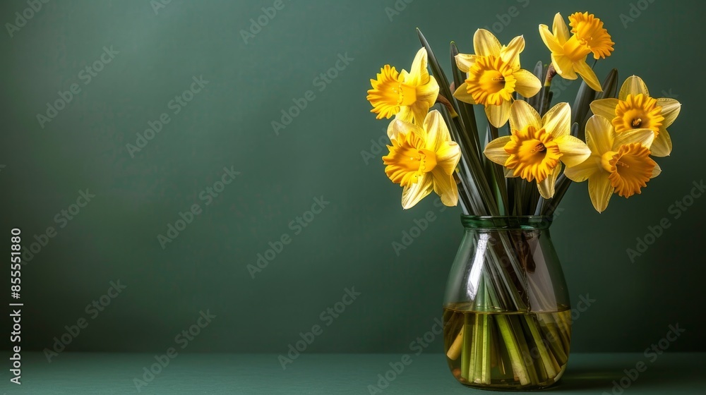 Vibrant Yellow Daffodils in Vase Against Forest Green Background Illuminated by Studio Light Vibrant Yellow Daffodils in Vase Against Forest Green Background Illuminated by Studio Light