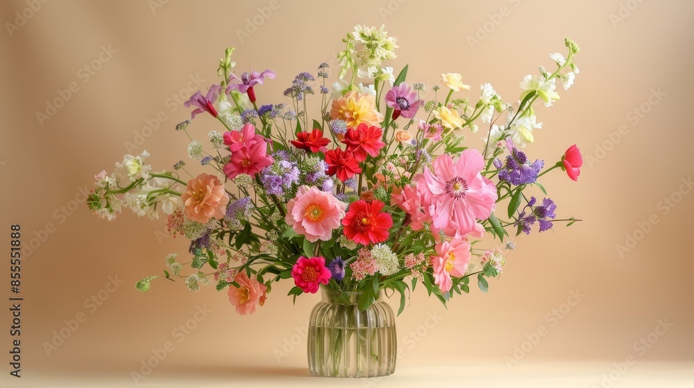 Elegant Spring Blooms - Vase of Mixed Flowers on Soft Beige Background with Studio Lighting Elegant Spring Blooms - Vase of Mixed Flowers on Soft Beige Background with Studio Lighting