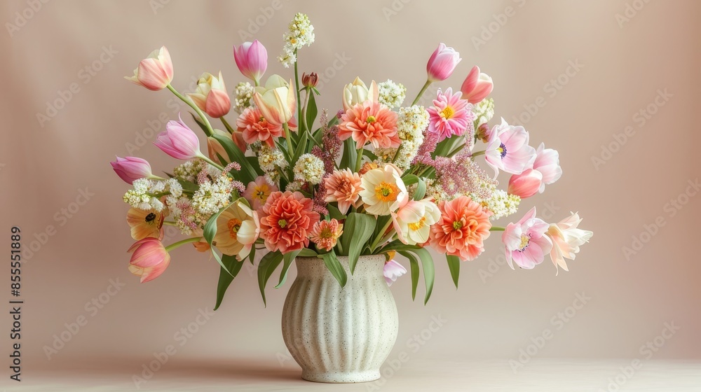 Spring Blooms in a Vase - Floral Arrangement on Beige Background with Studio Lighting