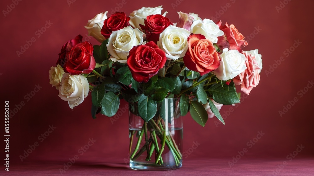Obraz premium Elegant Red and White Roses in Vase on Burgundy Background with Studio Lighting