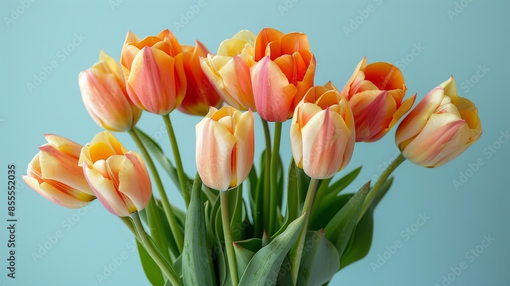 Vibrant Orange and Yellow Tulips in Vase on Pale Blue Background - Close-up Studio Shot with Soft Light for Spring Decor Vibrant Orange and Yellow Tulips in Vase on Pale Blue Background - Close-up Studio Shot with Soft Light for Spring Decor