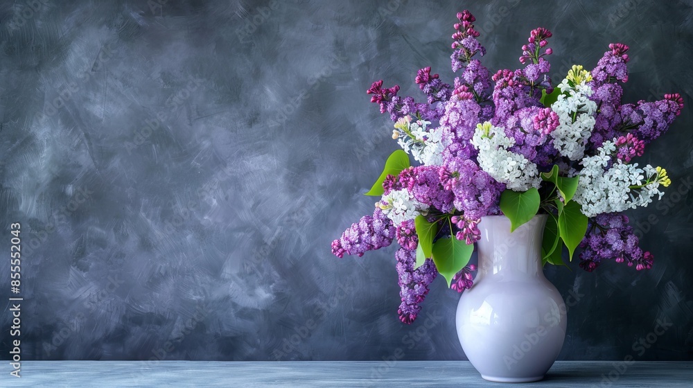 Elegant Vase of Purple and White Lilacs on Slate Grey Background in Studio Light Elegant Vase of Purple and White Lilacs on Slate Grey Background in Studio Light