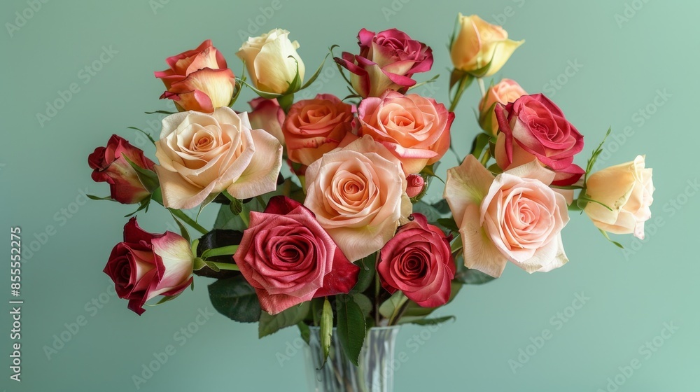 Vibrant Bouquet of Mixed Roses in Vase on Pale Green Background with Studio Lighting Vibrant Bouquet of Mixed Roses in Vase on Pale Green Background with Studio Lighting