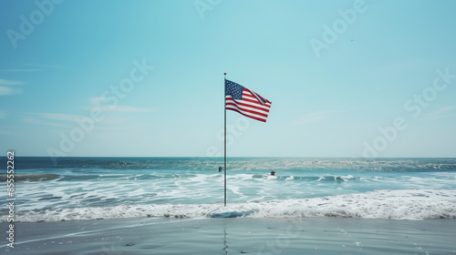 American flag on a flagpole at the beach, kids playing in the surf, relaxed and joyful Fourth of July 