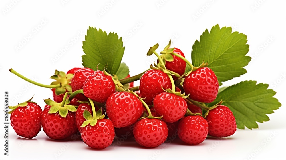 A bunch of red strawberries with green leaves A bunch of red strawberries with green leaves