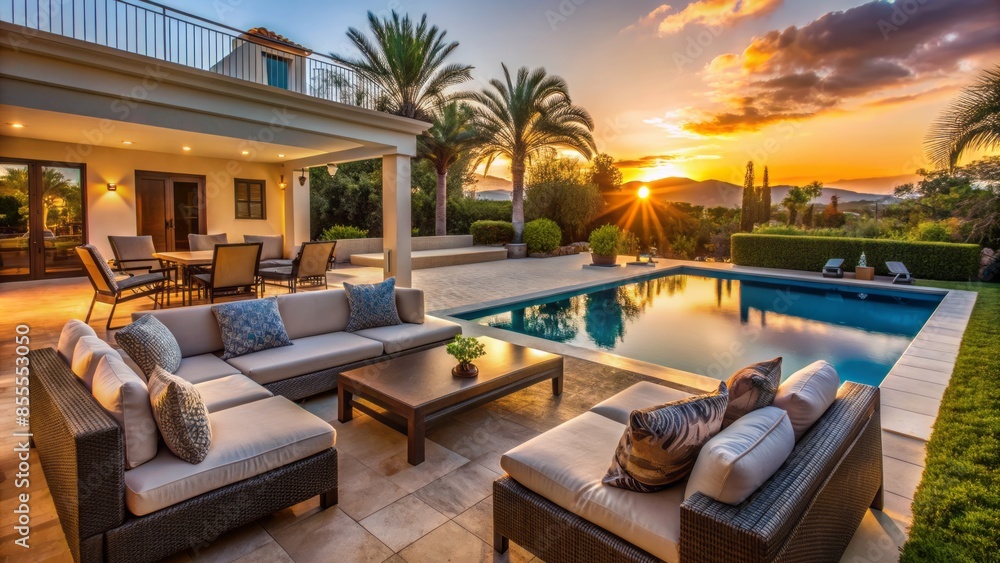 Fototapeta premium Close-up of a cozy poolside seating area, villa in the background, sunset casting warm hues