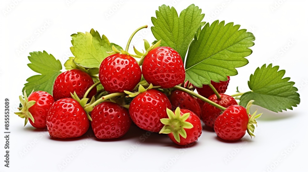 A bunch of red strawberries with green leaves A bunch of red strawberries with green leaves