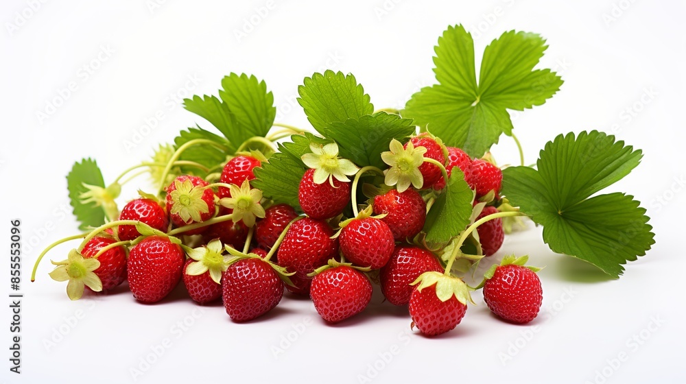 A bunch of red strawberries with green leaves A bunch of red strawberries with green leaves