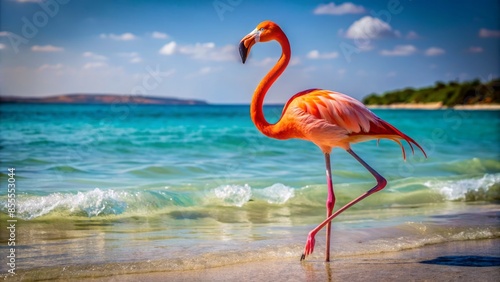 Detailed view of a flamingo standing on one leg near the water, beach backdrop, sunny day