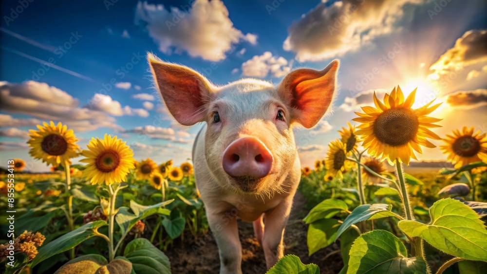 Close-up of a pig roaming through a sunflower field, enjoying the summer sun Close-up of a pig roaming through a sunflower field, enjoying the summer sun