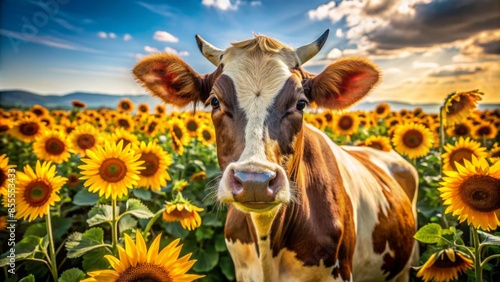 Detailed shot of a cow standing among sunflowers in a farm field, close-up photo