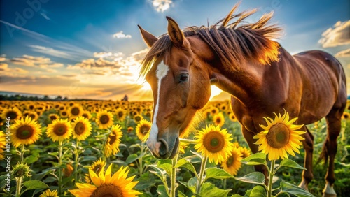 Close-up of a horse grazing in a sunflower field on a sunny summer day