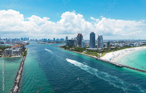 Skyline of Miami Beach from top. Summer in Miami. Panoramic view of Luxury condos in Miami Beach Florida. Aerial View of Surfside Miami Beach. © Volodymyr