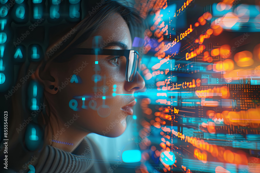 Software and data analysis hologram with a woman coding, featuring IT and GDPR concepts, showcasing a programmer or IT specialist at work Software and data analysis hologram with a woman coding, featuring IT and GDPR concepts, showcasing a programmer or IT specialist at work