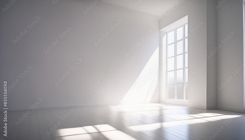 Abstract white background with window shadows, sunlight, and rays on an empty floor Abstract white background with window shadows, sunlight, and rays on an empty floor