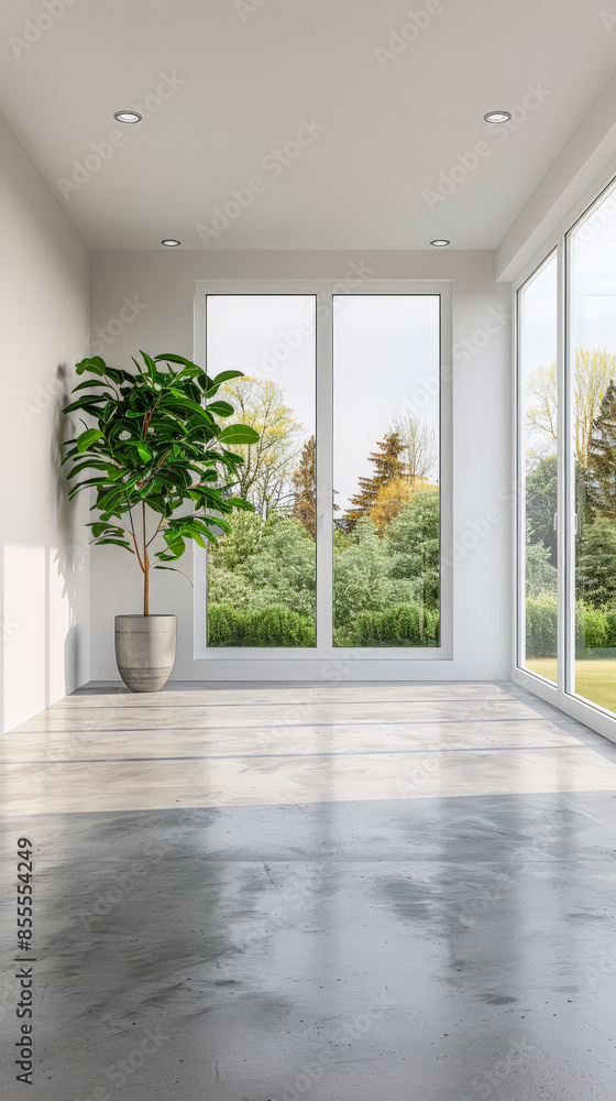 Fototapeta premium Living room interiors in neutral colors with light coming from a big window, minimal furniture and no people. Residential interiors decor composition for Real Estate.