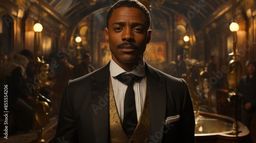 brutal attractive African American man, Art Deco portrait. gangster, member of the mafia. confident look at the camera. style of clothing 1920-1930.