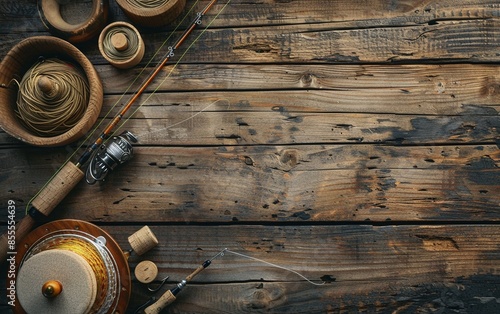 Fising Rod with cap and wooden background photo