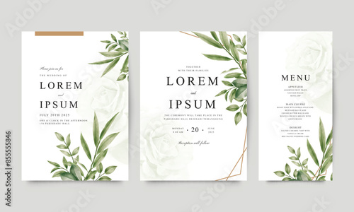 Elegant wedding invitation template set with green leaf watercolor