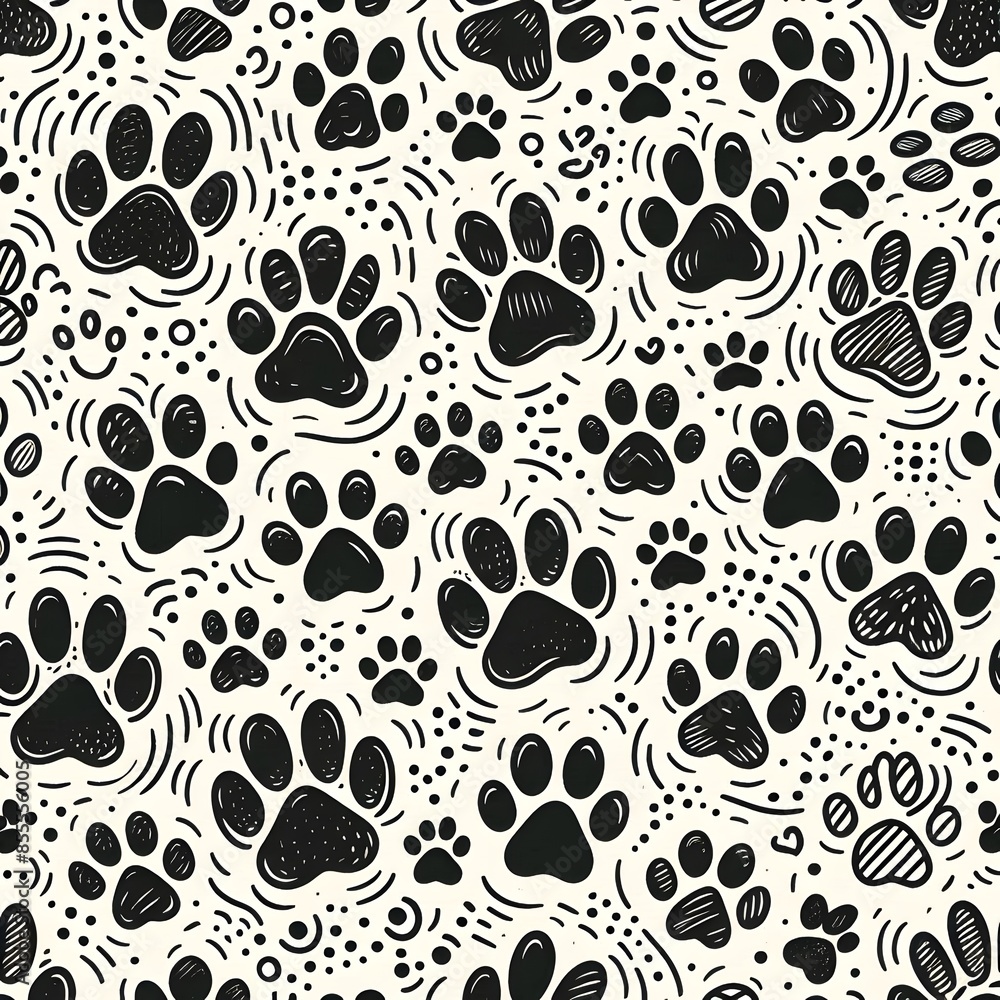 Trace black doodle paw prints seamless pattern background. seamless pattern design of puppy paw prints