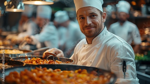 Smiling chef serving food in a busy kitchen