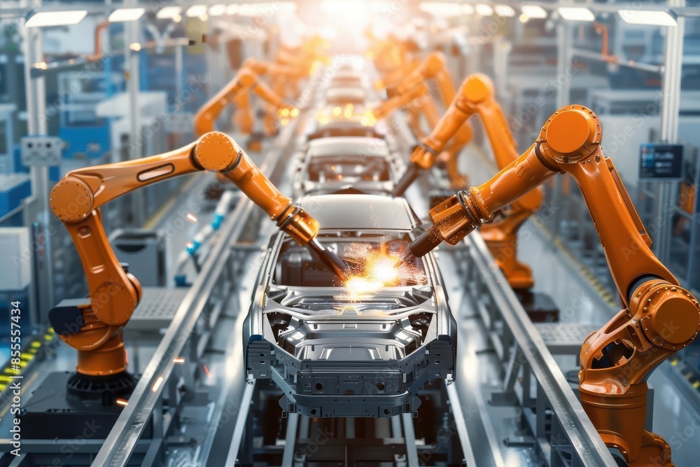 automated robotic arms efficiently assembling cars on futuristic manufacturing line advanced industry automated robotic arms efficiently assembling cars on futuristic manufacturing line advanced industry