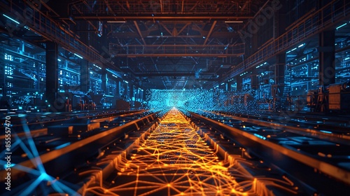 a steel mill filled with hot steel, surrounded by a network of blue lines resembling an intricate IT infrastructure, with wifi networks and data transmission