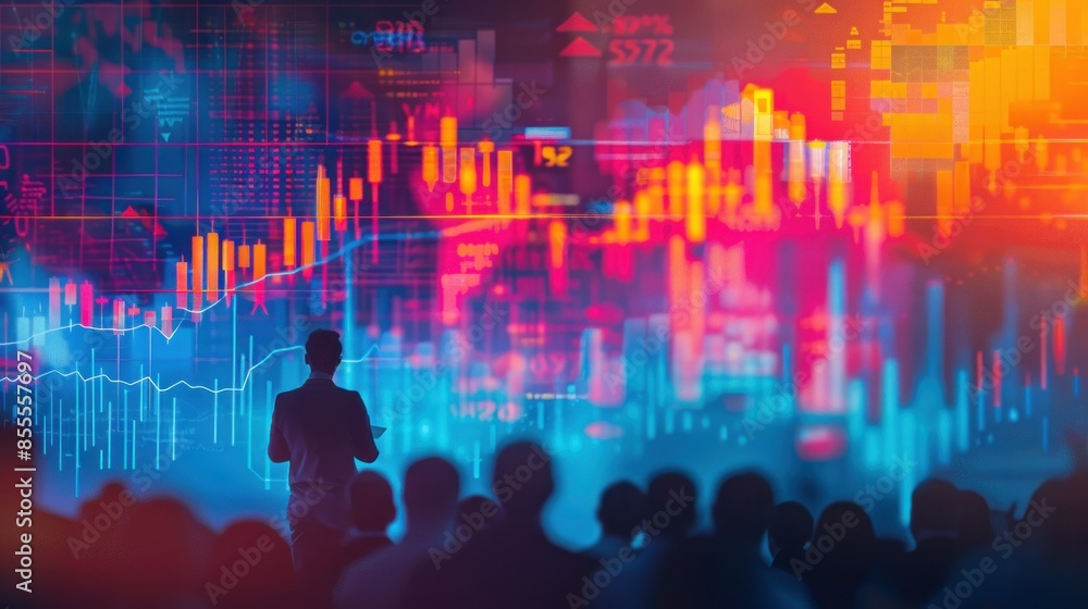 A visually engaging image of a financial seminar, with a speaker presenting market trends and investment strategies to an audience. The background includes charts and graphs for illustrative purposes. A visually engaging image of a financial seminar, with a speaker presenting market trends and investment strategies to an audience. The background includes charts and graphs for illustrative purposes.