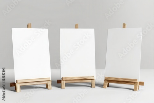 blank a4 paper sheets and cards on wooden holders realistic 3d mockup templates vector set