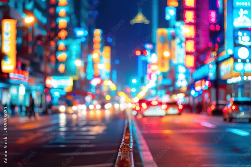 blurred city street at night with illuminated buildings and lights abstract urban photography