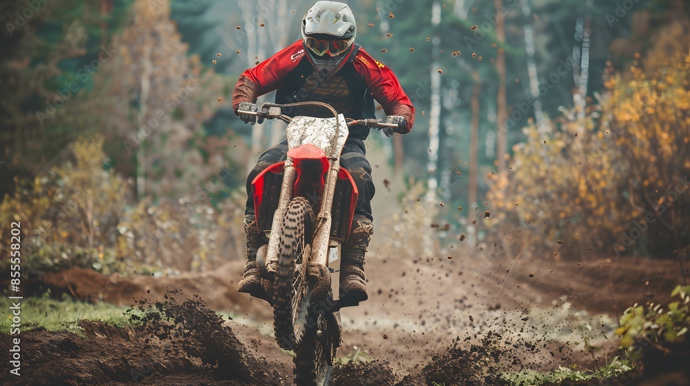Extreme motocross Rider riding. motocross race bike in action on dirt track. by ai generative Extreme motocross Rider riding. motocross race bike in action on dirt track. by ai generative