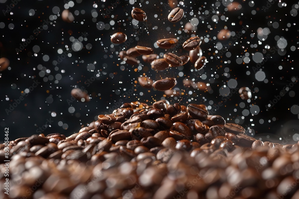 cascading coffee beans on mound with water droplets against dark backdrop artistic food photography cascading coffee beans on mound with water droplets against dark backdrop artistic food photography