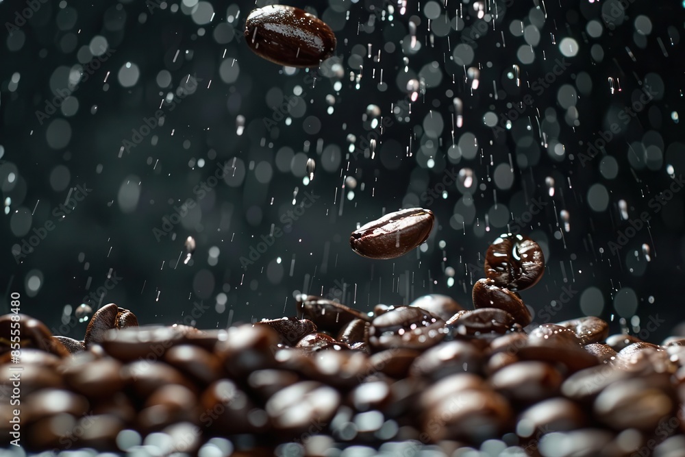 cascading coffee beans on mound with water droplets against dark backdrop artistic food photography cascading coffee beans on mound with water droplets against dark backdrop artistic food photography