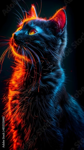 Neon Cat Sitting with Elegant Posture and Glowing Whiskers on Black Background © Thares2020