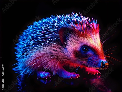 Neon Hedgehog Curled Up with Glowing Spikes on Black Background © Thares2020