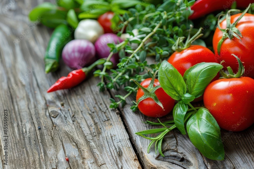 closeup photo of fresh colorful vegetables and herbs on rustic wooden table closeup photo of fresh colorful vegetables and herbs on rustic wooden table