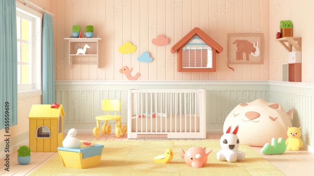 Cozy and playful nursery with crib, toys, and pastel decor. Cozy and playful nursery with crib, toys, and pastel decor.