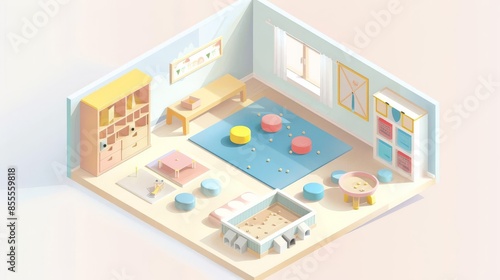 Isometric view of a colorful and playful preschool classroom. © K-MookPan
