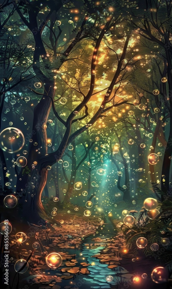 Fototapeta premium A magical fairy tale scene featuring enchanting bubbles and glowing light, creating a whimsical and otherworldly atmosphere