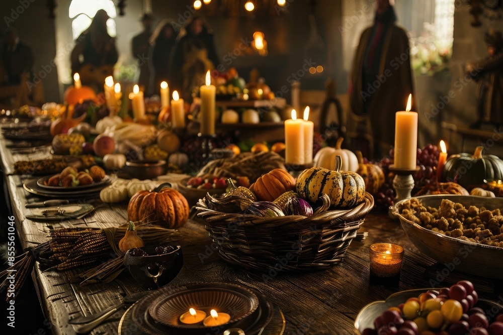 A rustic autumn harvest feast with candles and pumpkins on a wooden table, featuring cozy ambiance and warm lighting in a vintage setting. A rustic autumn harvest feast with candles and pumpkins on a wooden table, featuring cozy ambiance and warm lighting in a vintage setting.