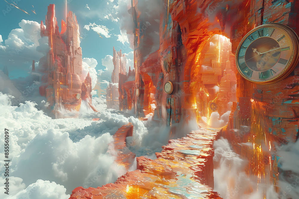 Surreal dreamscape with melting clocks and distorted landscapes. Visual ...
