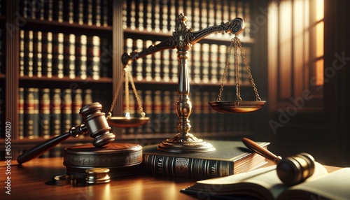 classic legal library scene, featuring the scales of justice centered on a polished wooden desk photo