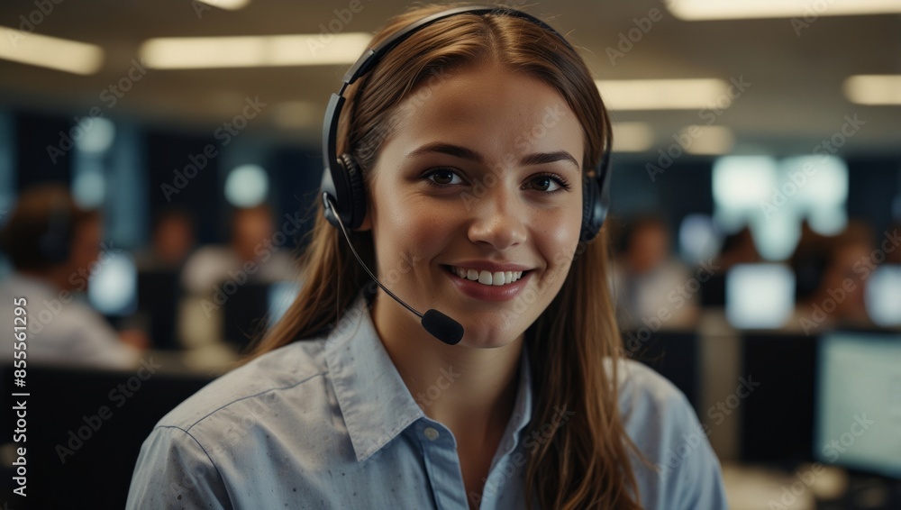 Female call center worker smiling and working answering the call providing service with courtesy and attention. Female call center worker smiling and working answering the call providing service with courtesy and attention.