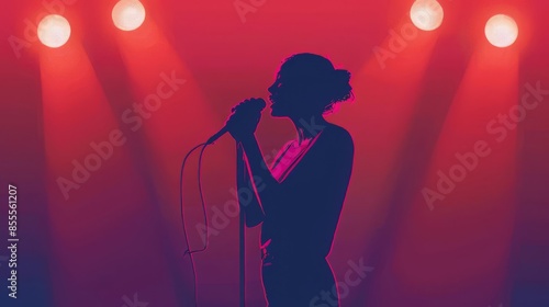 Silhouette of a female singer performing on stage with red spotlight