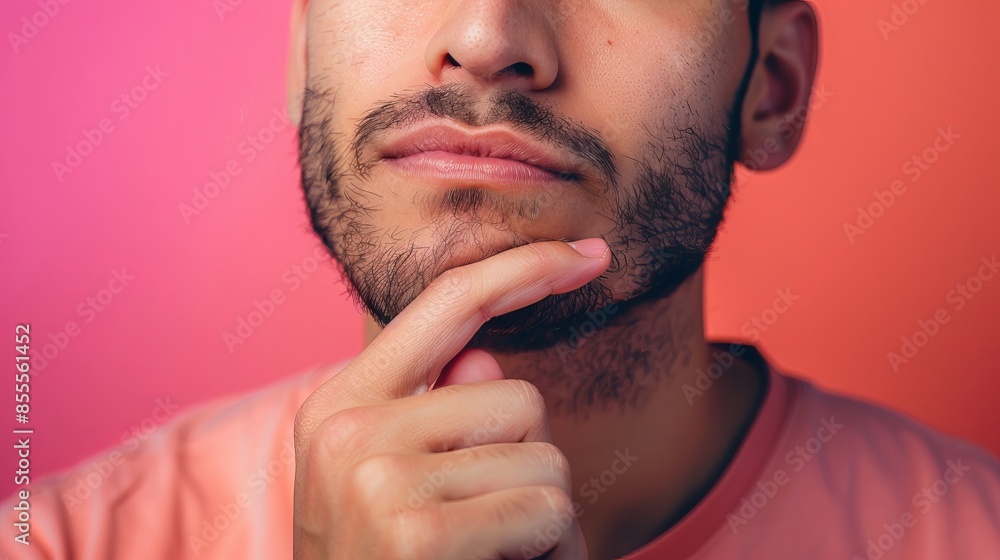 Fototapeta premium a man doing Stroking chin (thinking) gesture with hand , solid color studio background ,