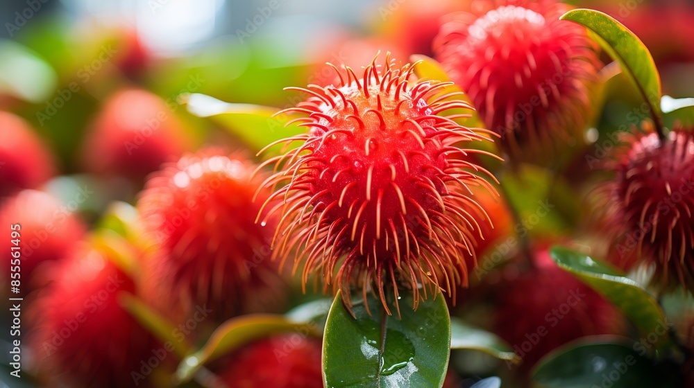 A bunch of red and orange rambutans hanging from a tree A bunch of red and orange rambutans hanging from a tree