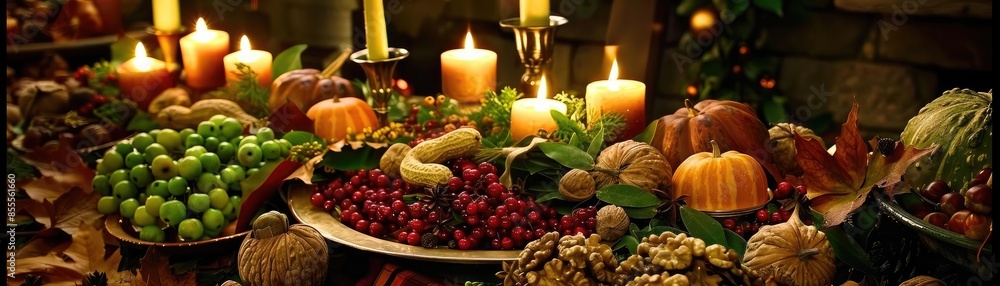A festive autumn harvest display with candles, pumpkins, fruits, and nuts creating a warm, inviting atmosphere perfect for seasonal celebrations. A festive autumn harvest display with candles, pumpkins, fruits, and nuts creating a warm, inviting atmosphere perfect for seasonal celebrations.