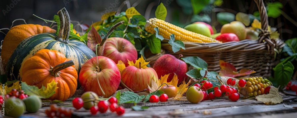 Colorful autumn harvest display with pumpkins, apples, and seasonal fruits and vegetables arranged beautifully outdoors on a rustic wooden table. Colorful autumn harvest display with pumpkins, apples, and seasonal fruits and vegetables arranged beautifully outdoors on a rustic wooden table.